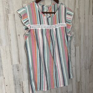 Sleeveless Multicolor Striped Flutter Top with Lace‎ Trim